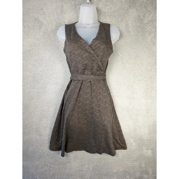 Toad & Co Small Womens Organic Cotton Waist Tie V-Neck Brown Midi Dress Pockets - Picture 7 of 12